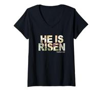 Women's He is Risen - Watercolor Passover Easter Cross of Jesus V-Neck T-Shirt