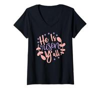 Womens He is Risen Y'all - Happy Easter Day Jesus Christian Sunday V-Neck T-Shirt