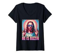 Womens He is Rizzin Funny Jesus Religious Humor Pop Culture V-Neck T-Shirt