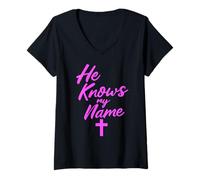 Women's He Knows My Name Bible Religious God Jesus Isaiah 43:1 Pray V-Neck T-Shirt