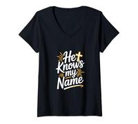 Womens He Knows My Name Christian Cross Faith Worship V-Neck T-Shirt