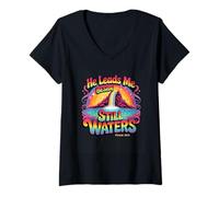 Womens He Leads Me Beside Still Waters Psalm 23:2 V-Neck T-Shirt