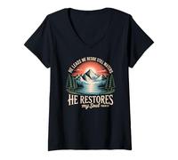 Women's He Leads Me Beside Still Waters Psalm 23 Christian Catholic V-Neck T-Shirt