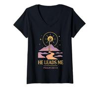 Women's He Leads Me Psalm 23:1-3 Faith Graphic Design V-Neck T-Shirt