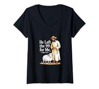 Womens He Left The 99 for Me Luke 15 4 Parable of The Lost Sheep V-Neck T-Shirt