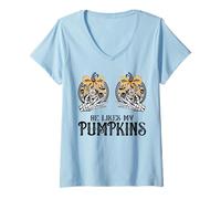 Womens He Likes My Pumpkins I Like His Broomstick Halloween Couples V-Neck T-Shirt