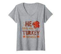 Womens He Likes My Turkey Breasts Thanksgiving Couples Fall Vibes V-Neck T-Shirt