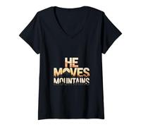 Womens He Moves Mountains Christian Faith Worship Praise V-Neck T-Shirt