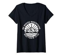 Womens He Moves Mountains Matthew 17:20 Bible Verse Christian V-Neck T-Shirt