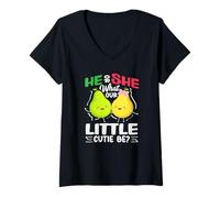 Women's He Or She What Will Our Little Cutie Be Gender Reveal Pears V-Neck T-Shirt