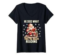 Womens He Sees What You've Been Reading Santa Bookish Christmas V-Neck T-Shirt