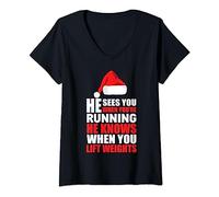 Womens He Sees You When You're Running Funny Workout Weightlifting V-Neck T-Shirt