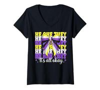 Womens He She They It's All Okay Nonbinary Flag Pride LGBTQ Girl V-Neck T-Shirt