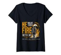 Women's He Walks Through The Fire with Me Psalm 23 4 Firefighter V-Neck T-Shirt