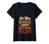 Women's He Who Hingeth Aboot Getteth HEE Haw Scottish Banter V-Neck T-Shirt