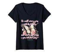 Women's He Will Cover You with His Feathers Psalm 91:4 Butterfly V-Neck T-Shirt