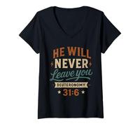 Womens He Will Never Leave You Deuteronomy 31 6 - Vintage Christian V-Neck T-Shirt
