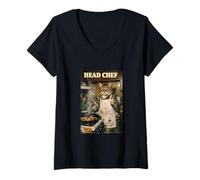 Women's Head Chef Cat Smoking Frying Pan Kitchen Cook V-Neck T-Shirt