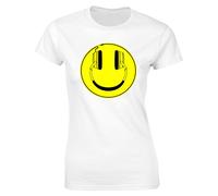 Womens Headphones Happy Smile Face DJ Rave Bass Music T-Shirt White UK 12-14 (XL)