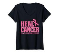 Womens Heal Cancer for with God Nothing is Impossible Breast Cancer V-Neck T-Shirt