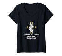 Women's Healed By Grace and Good Surgeons Heart Surgery Survivor V-Neck T-Shirt