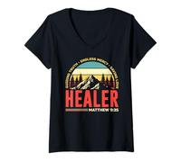 Womens HEALER. MATTHEW 9:35 BIBLE CHRISTIAN V-Neck T-Shirt