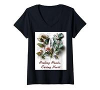 Womens Healing Hands Caring Heart Nurse Appreciation V-Neck T-Shirt