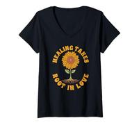 Womens Healing Takes Root in Love Quote, Sunflower V-Neck T-Shirt