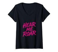 Womens Hear Me Roar - Pink Brush Retro Animal Energy Wildcat V-Neck T-Shirt
