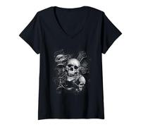 Womens Hear No See No Speak No Evil, Dark Skeleton V-Neck T-Shirt