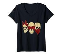 Womens Hear See Speak No Evil Skull Heads Gangsters V-Neck T-Shirt