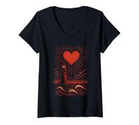 Womens Heart Lighthouse Waves Ocean Sky Design Romantic Art V-Neck T-Shirt