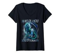 Womens Heart Of Wolf Soul Of A Dragon - Cool Dragon - Wolf Warrior V-Neck T-Shirt