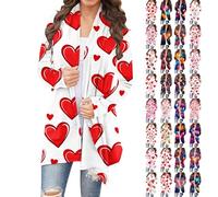 Women's Heart Print Cardigans Elegant Valentine's Cardigan Ladies Love Heart Printed Open Front Long Sleeve Coat Womens Plus Size Lightweight Romantic Outerwear for Valentine Outfits Everyday Wear