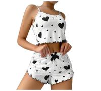 Women's Heart Print Pajama Set Cami Top + Elastic Waist Shorts, Soft Loose Casual Home Wear Loungewear Sexy Sleeveless Sleepwear PJ Set Elegant Nightwear (UK, Alpha, L, Regular, Regular, White-black)