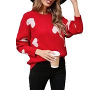 Women's Heart Print Sweaters Valentine's Day Long Sleeve Crew Neck Knit Pullover Warm Comfy Jumpers for Fall Winter (A-Red, M)