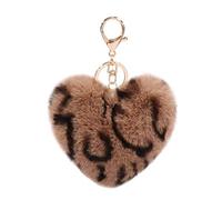Women's Heart Puffball Keychain Faux Fur Pom Pom Keyholder Bag Accessory Keyring Backpack Charms for Girls, Leopard-brown, S