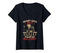 Women's Heart Says Pit Knees Say Balcony Punk Skeleton Mosh Pit V-Neck T-Shirt