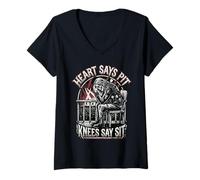 Women's Heart Says Pit Knees Say Sit Skeleton V-Neck T-Shirt