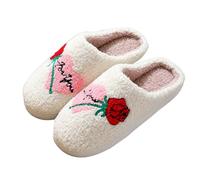 Womens Heart Slippers - Couple Slippers For Him And Her - Love Rose Pattern Shoes Cute Valentines Slipper Cozy Plush Warm Shoe Slip-On House Shoes Fluffy Fuzzy Cushion Slipper Mule Shoe