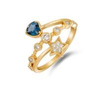 Women's Heart Star Gold 14 Carat 585 Wedding Ring Band Topaz, Size O 1/2