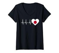 Womens Heartbeat Japanese Flag Map Japan Culture Tokyo Japan V-Neck T-Shirt