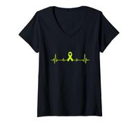 Women's Heartbeat Lime Green Ribbon Cancer Awareness V-Neck T-Shirt