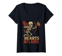 Womens Hearts Aflame Skeleton Archer Wings V-Neck T-Shirt