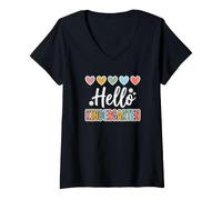 Women's Hearts Back to School Hello Kindergarten V-Neck T-Shirt