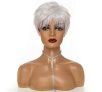 Women's Heat-Resistant Synthetic Comfortable Breathable White Pixie Cut Short Curly Wig with Bangs and Fluffy Short Wig Suitable for Daily Party wear Photo Color,6in (Photo Color 6in)