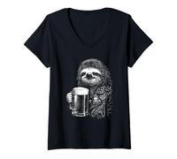 Women's Heavy Sloth with Beer Mug Punk Rocker Animal V-Neck T-Shirt