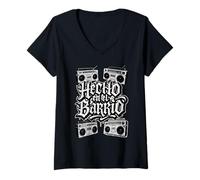 Womens Hecho en el Barrio Graffiti Hip Hop Chicano Lowrider V-Neck T-Shirt