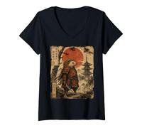 Women's Hedgehog Samurai Red Sun Katana Japanese Scroll Art Design V-Neck T-Shirt