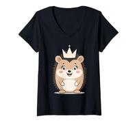 Women's Hedgehog with Crown Illustration V-Neck T-Shirt